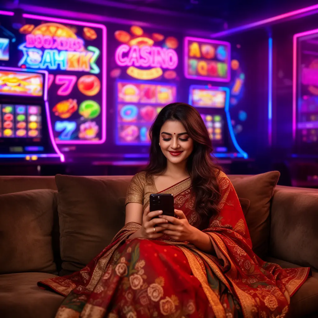 BGD999 App – Enjoy a stylish and immersive mobile casino experience in Bangladesh Confident Bangladeshi woman relaxing on a sofa while using the BGD999 casino app surrounded by colorful neon casino visuals