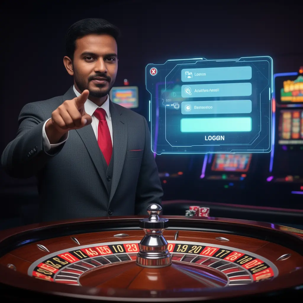 BGD999 Login – Secure and instant access to your gaming account in Bangladesh Stylish Bangladeshi casino host pointing at a futuristic holographic login panel with a glowing roulette table behind him at BGD999
